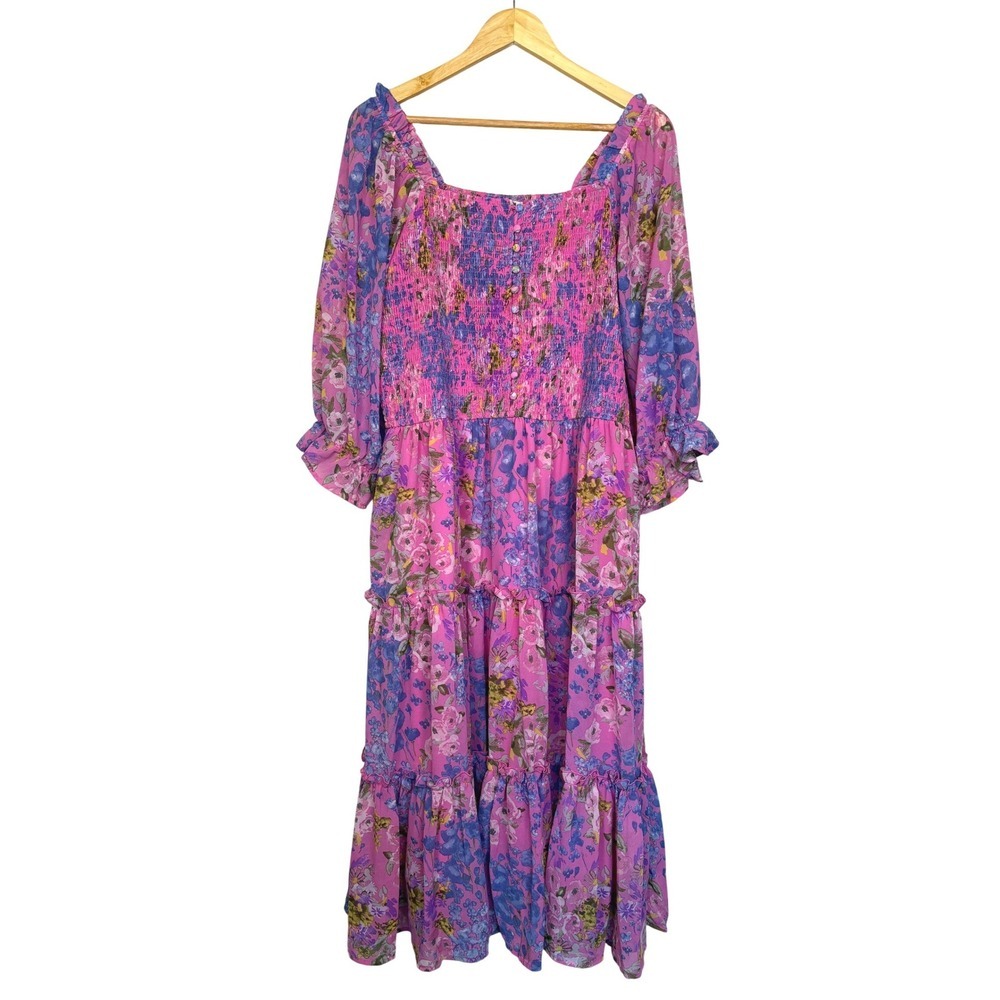 Ivy City Co Rowan Midi Dress 1X Pink Floral Smocked Tiered Cottagecore Vacation - Picture 2 of 12